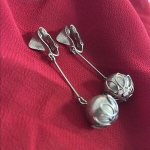Long Silver Tone Bead Clip Earrings